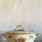 Antique porcelain soup bowl with floral decoration and golden border