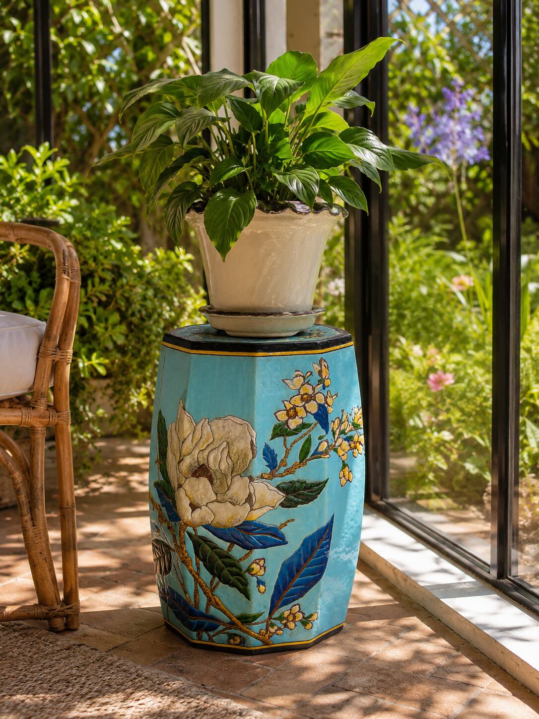 Large Japanese-style garden stool in turquoise glazed ceramic.