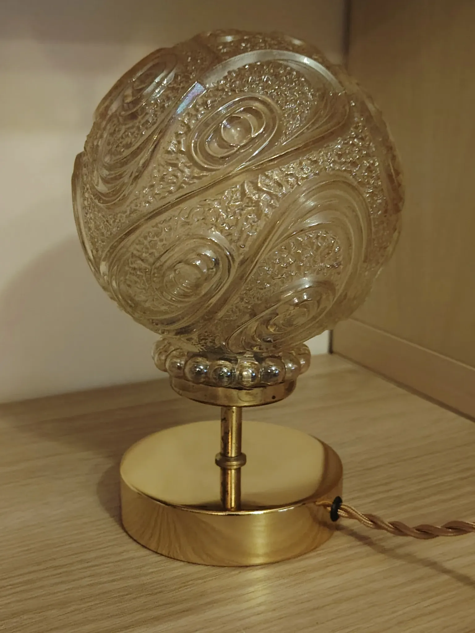 Vintage textured amber moulded globe bedside lamp