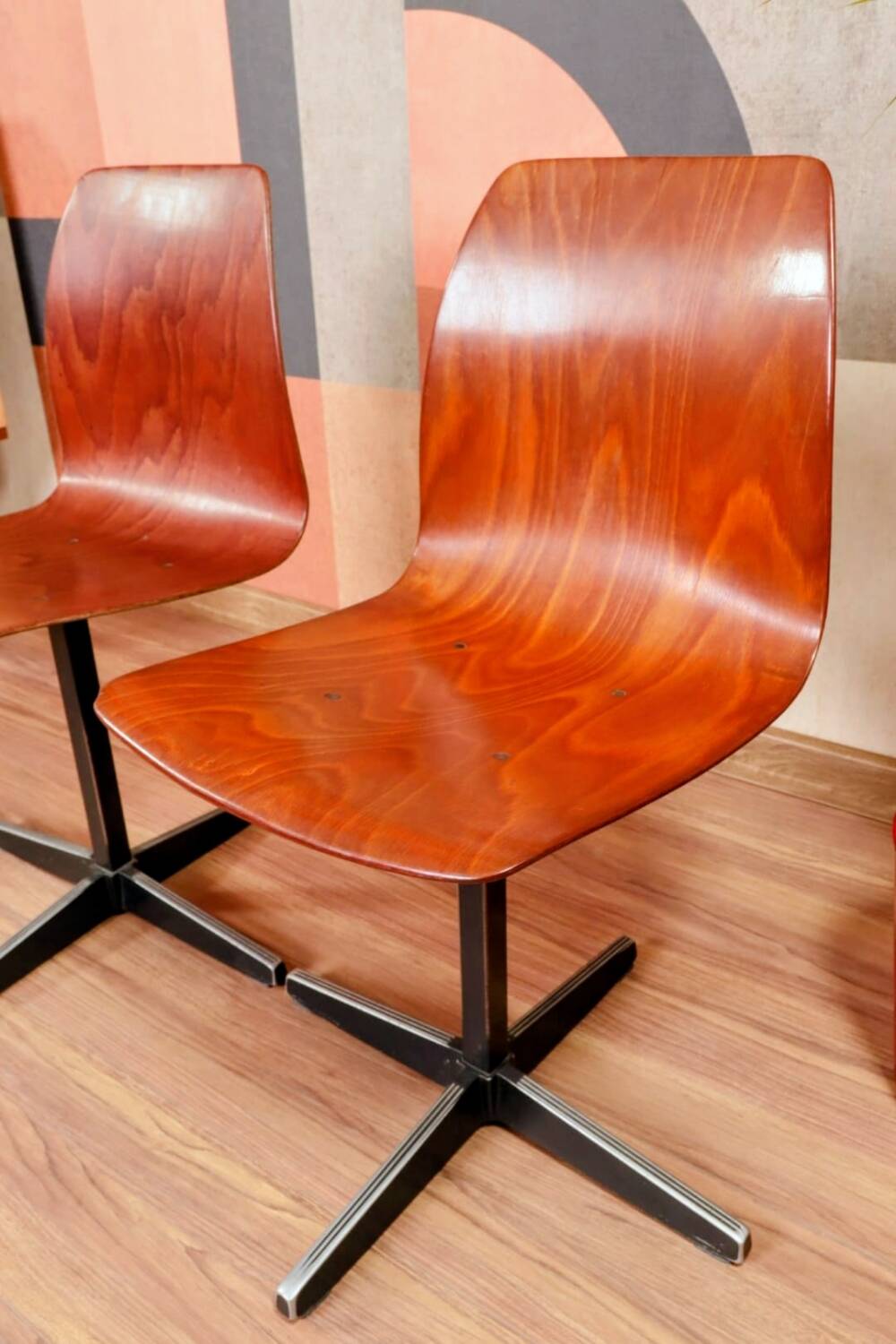 Pair of children's chairs made of plywood, vintage style, metal legs