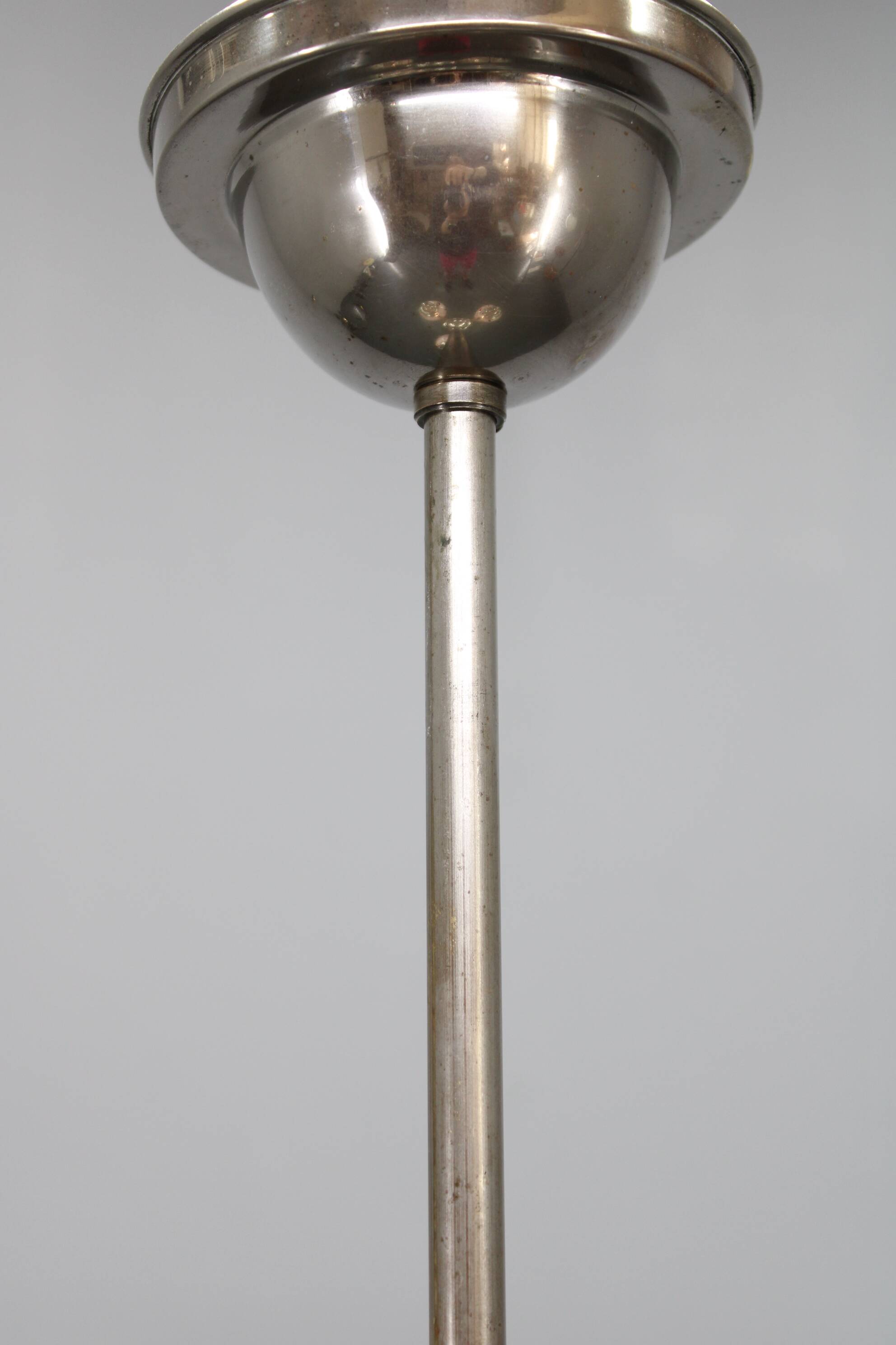 1930s Czechoslovak Art Deco nickel chandelier with rose opaline glass globes