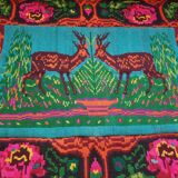 Vintage Romanian rug with deers, nature scenery on a floral background