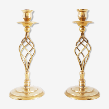 Pair of twisted candlesticks in vintage brass