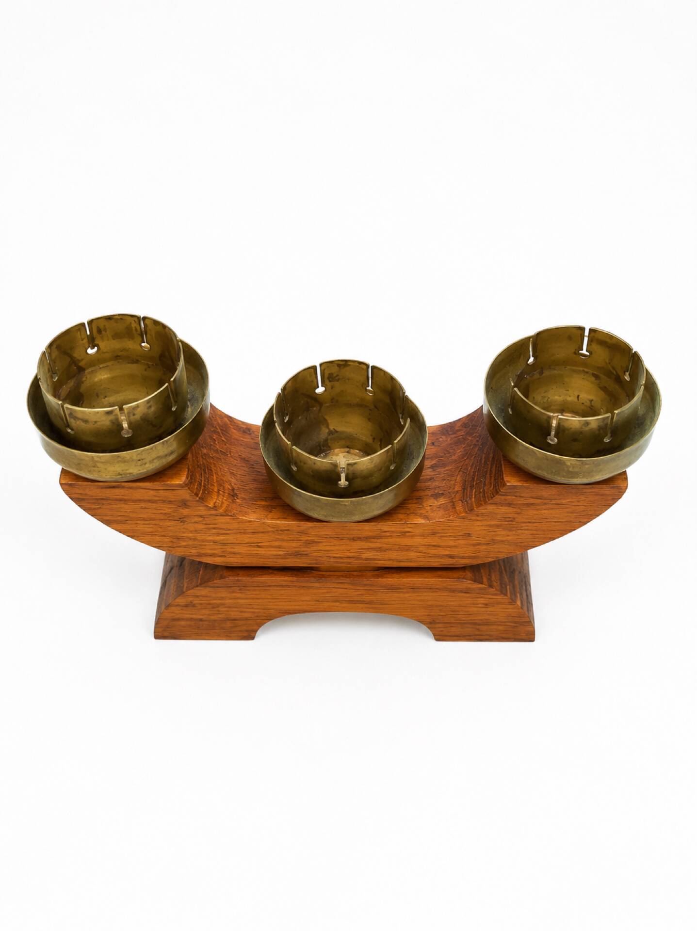 Vintage Art Deco Wooden Candle Holder Mid-Century Sculptural Brass Can