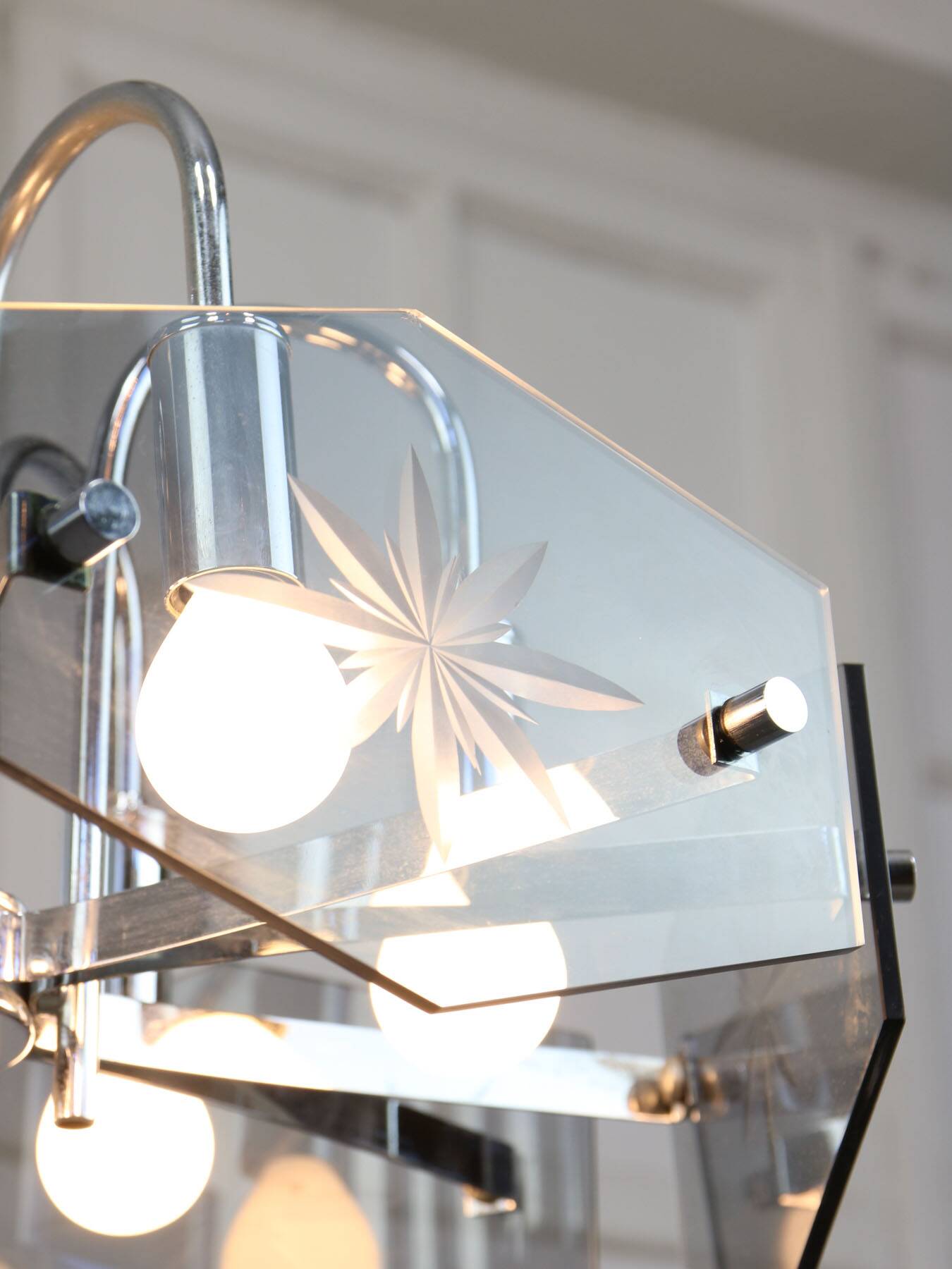 Vintage Italian Chrome and Glass Chandelier, 70s