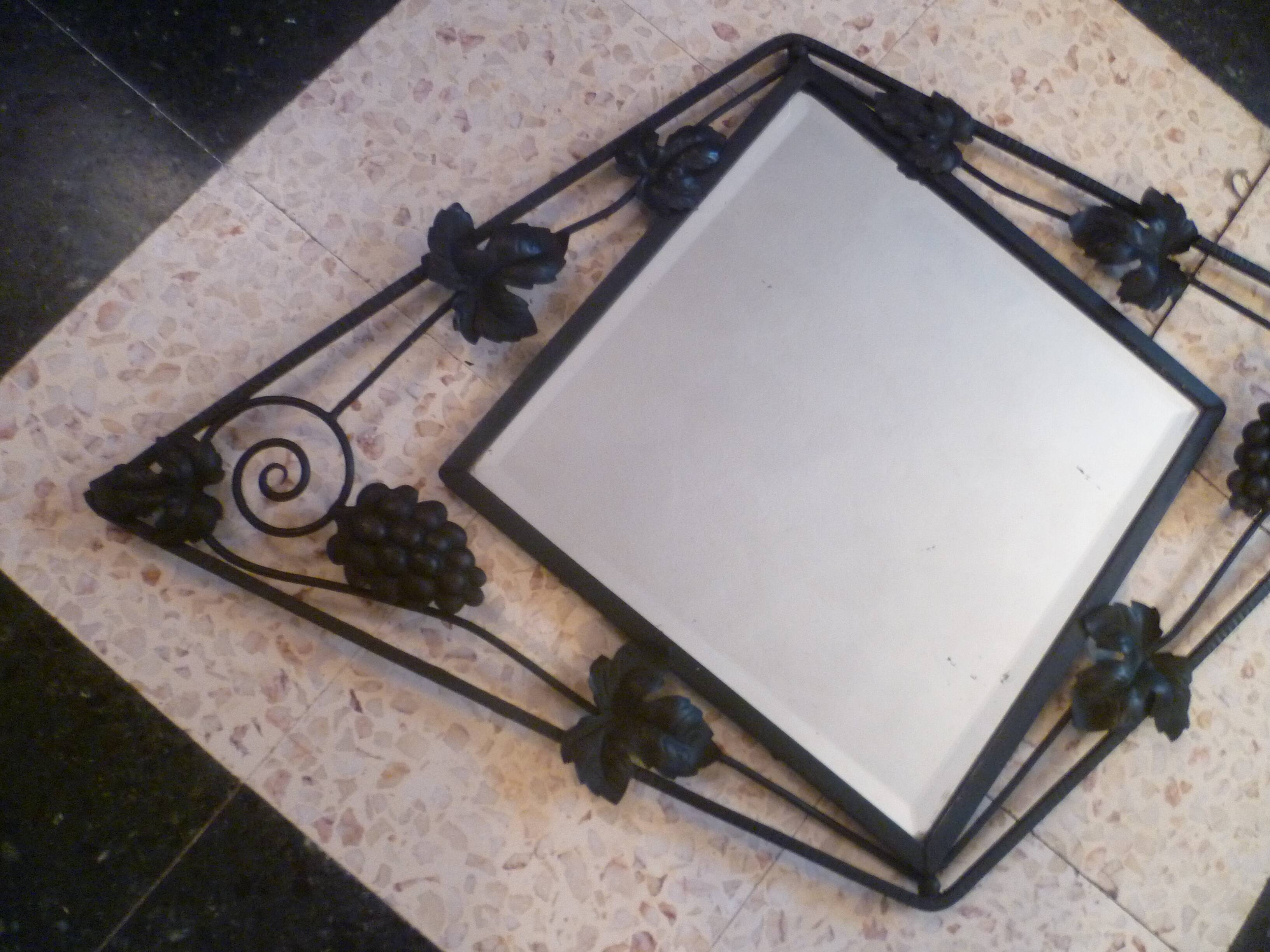 Art deco beveled mirror in wrought iron with grape decor