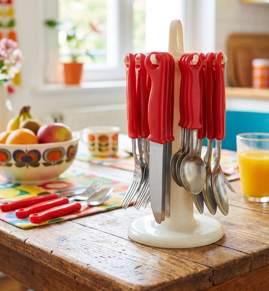 Vintage Pop Art Cutlery Set 1970s - 24 Pieces with Red Handles