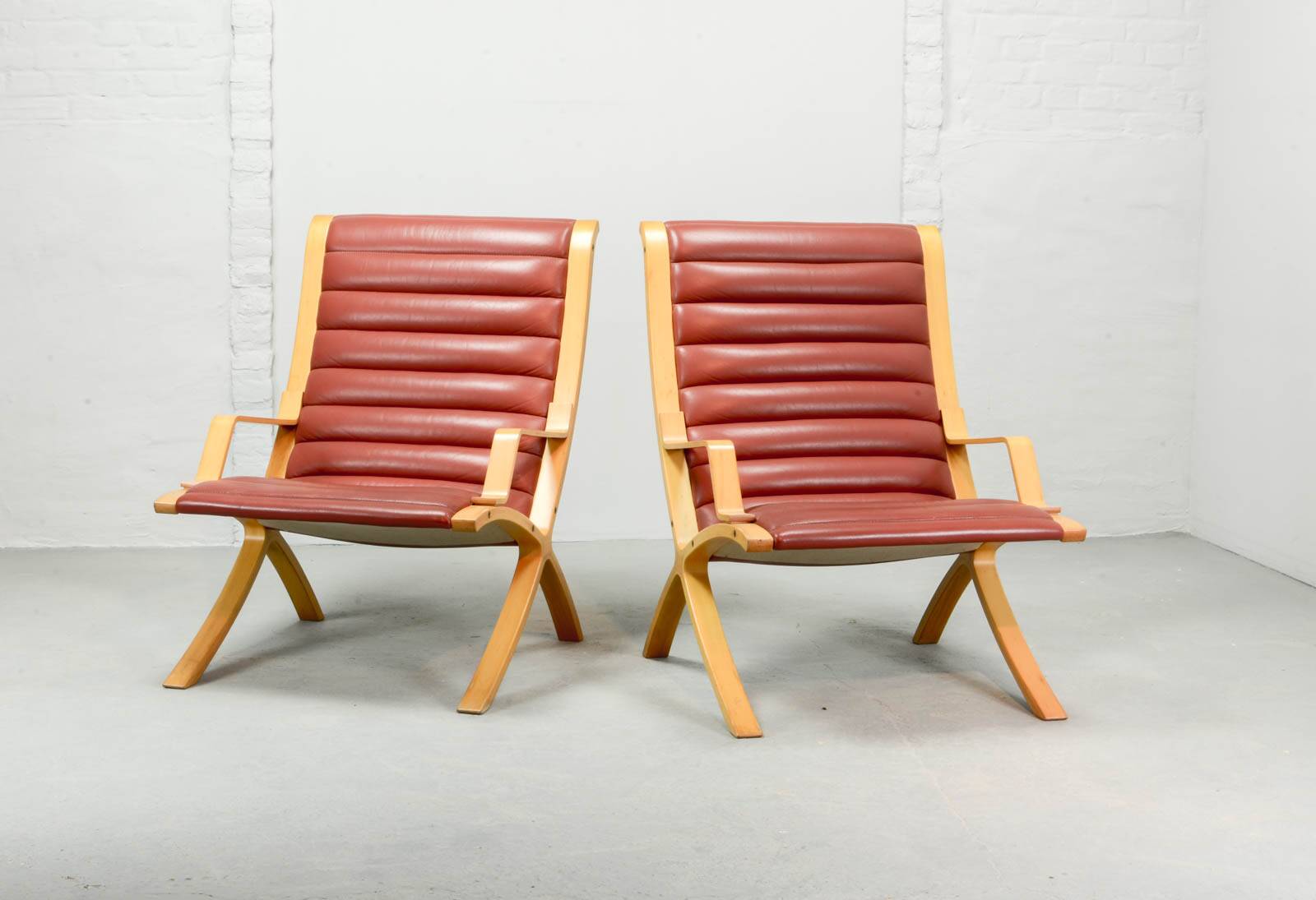 Padded Red Leather High Back AX Lounge Chairs by Hvidt and Molgaard Nielsen