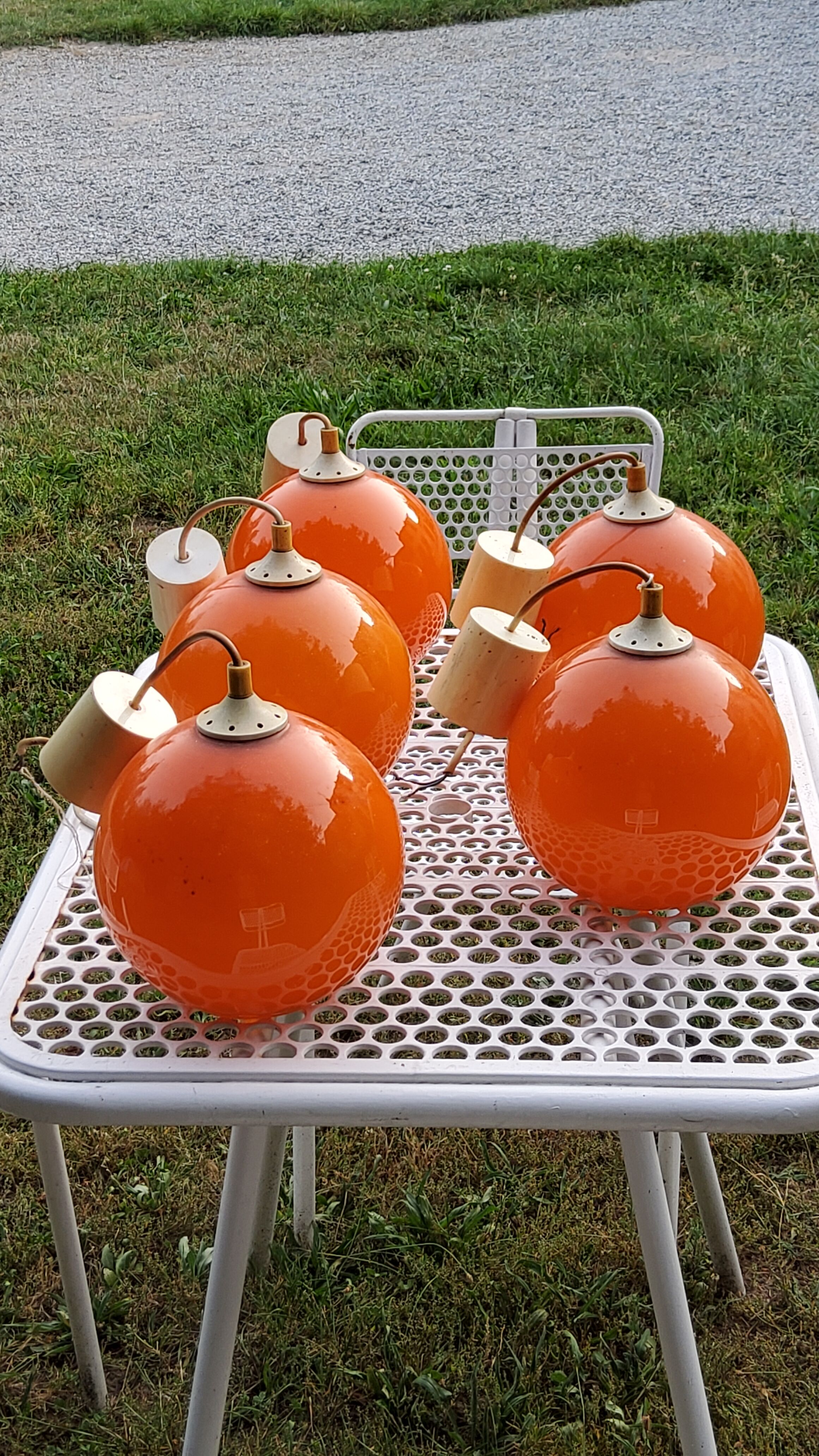 Set of 5 orange glass ball pendants from the 70s