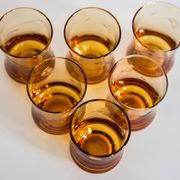 Set of six mid-century glasses and yellow Murano pot, Europe, 1960s.