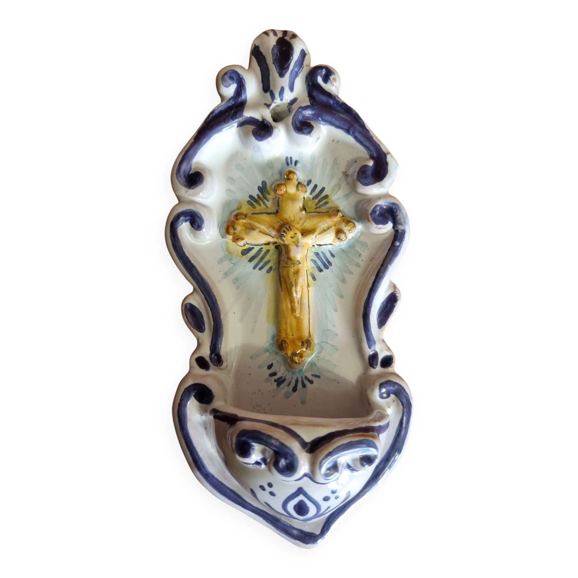 Antique enamelled faience holy water font with crucifix by Famulari Santo Stefeno.