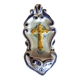 Antique enamelled faience holy water font with crucifix by Famulari Santo Stefeno.