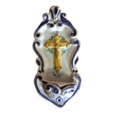 Antique enamelled faience holy water font with crucifix by Famulari Santo Stefeno.