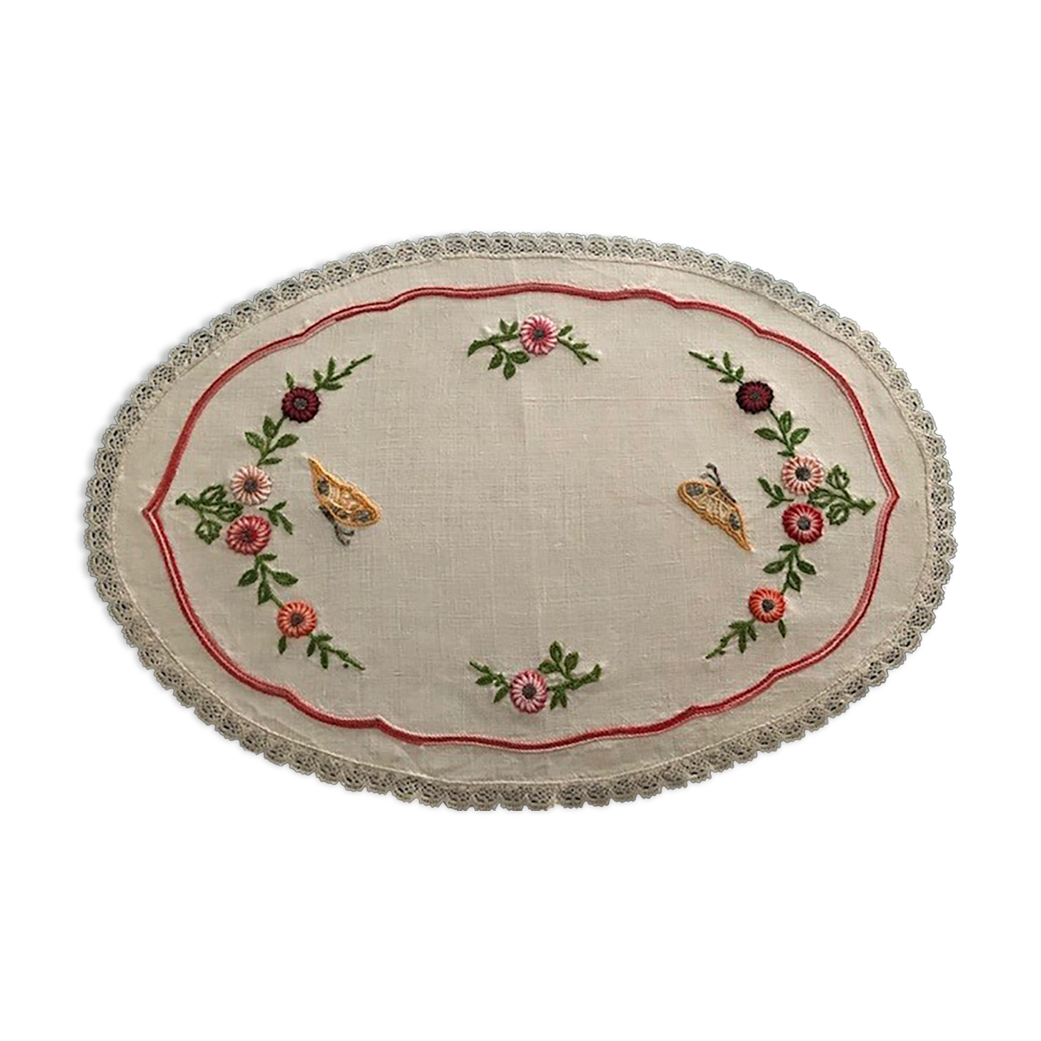 old oval placemat embroidered hand