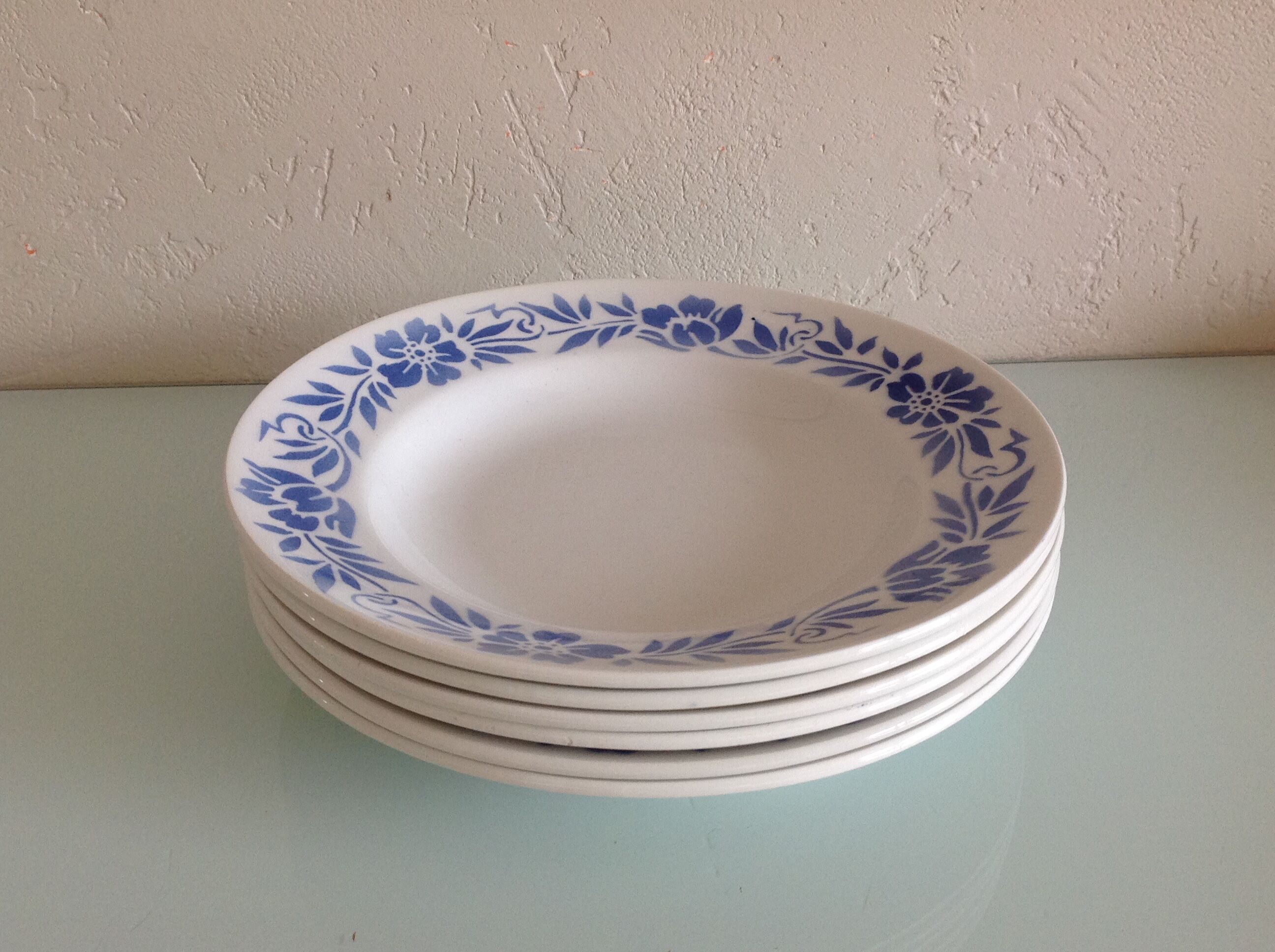 Suite of six white hollow plates with blue flowers by Moulin des Loups / vintage years 50-60