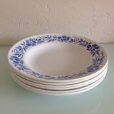 Suite de six assiettes creuses blanches à fleurs bleues par Moulin des Loups /vintage années 50-60