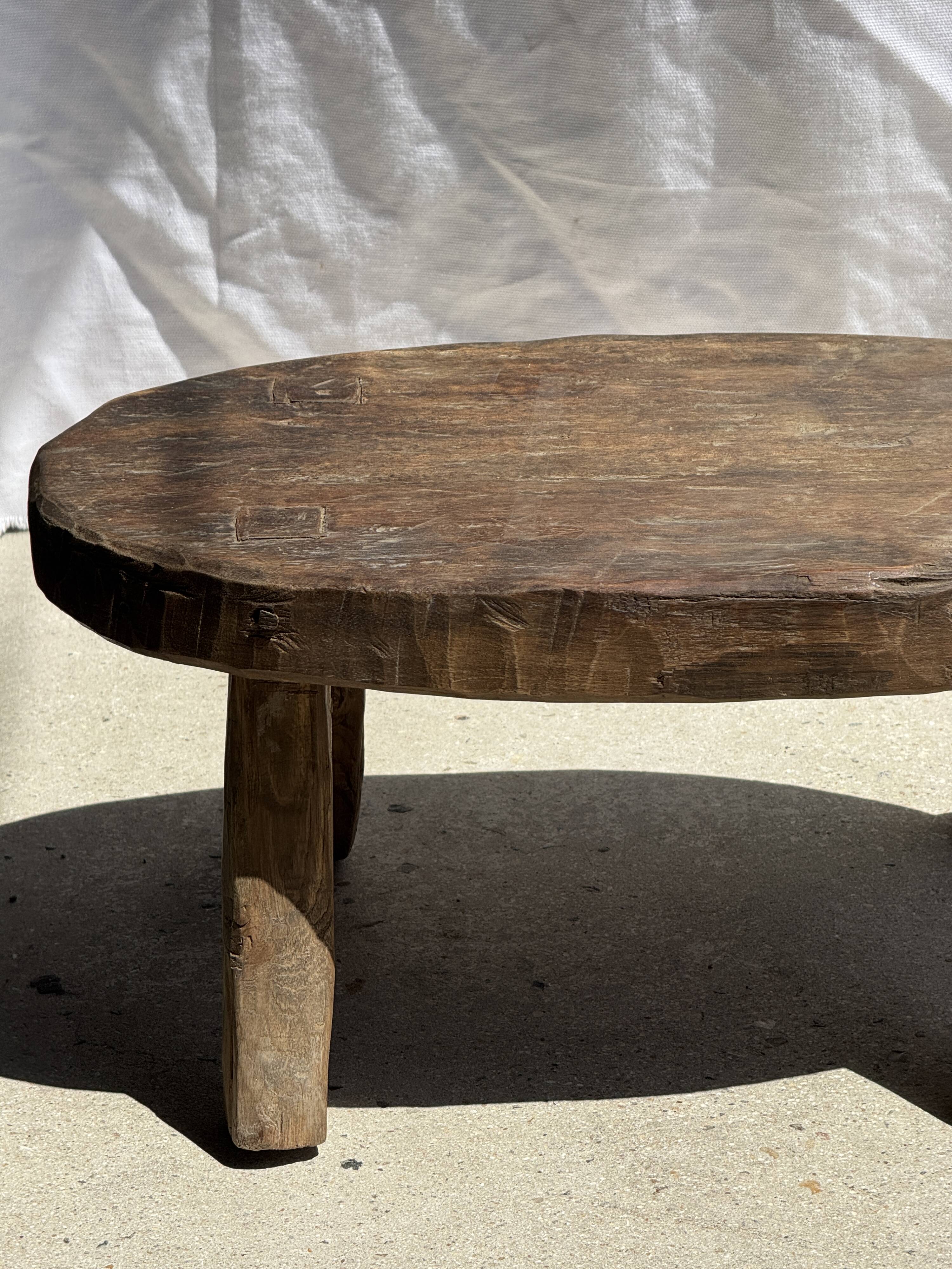 Small stool or small oval side table in solid teak wabi-sabi H24 53