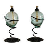 Paire de lampes à huile, verre soufflé, métal