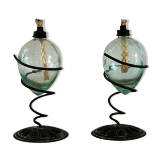 Pair of oil lamps, blown glass, metal