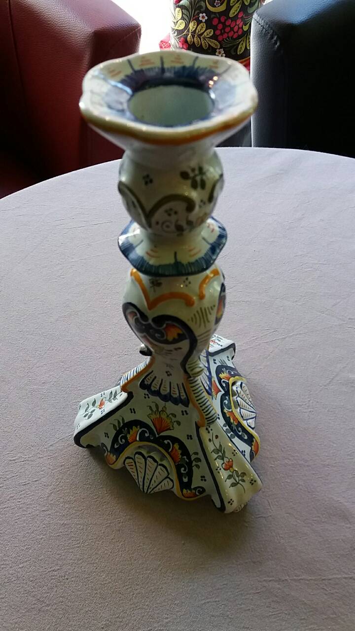 Old pair of candlesticks, earthenware, décor Rouen