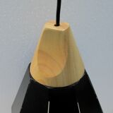 Two pendant lamps design black iron and light wood