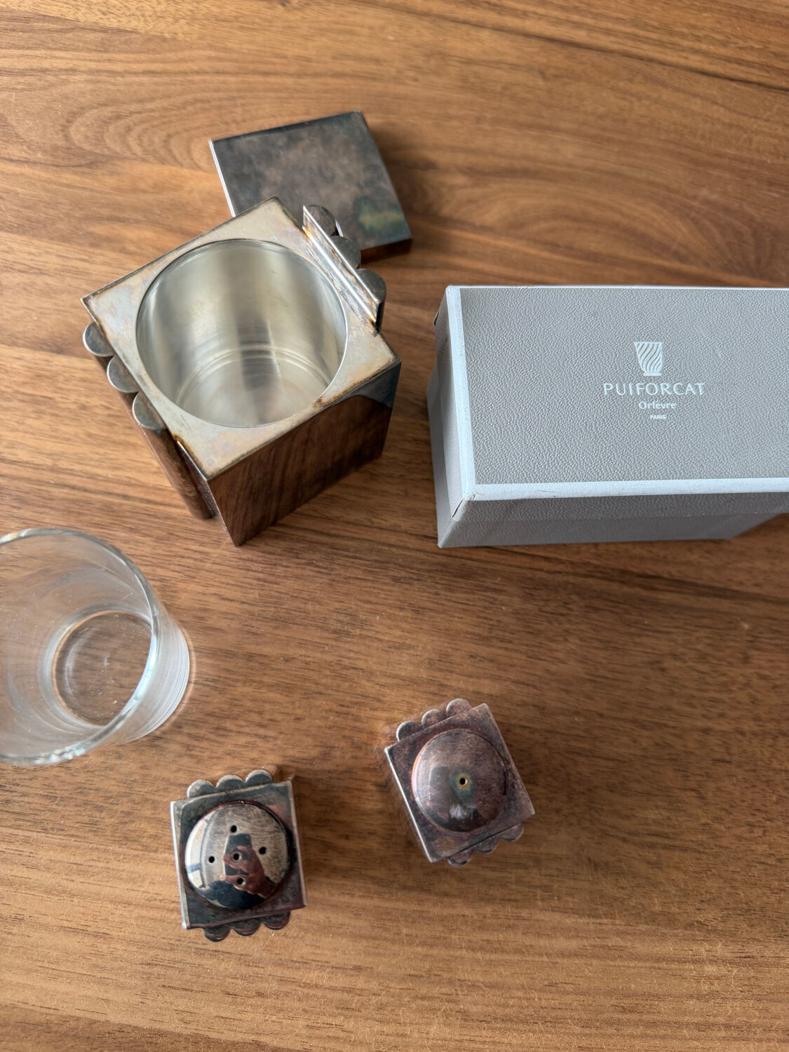 Puiforcat salt cellar, pepper shaker and mustard pot