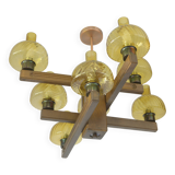 Large Vintage Rustic Wooden Chandelier Amber Glass shades Carved Wood 1980