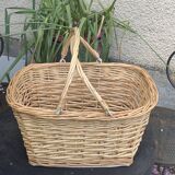 Rattan basket, woven wicker, with two vintage handles