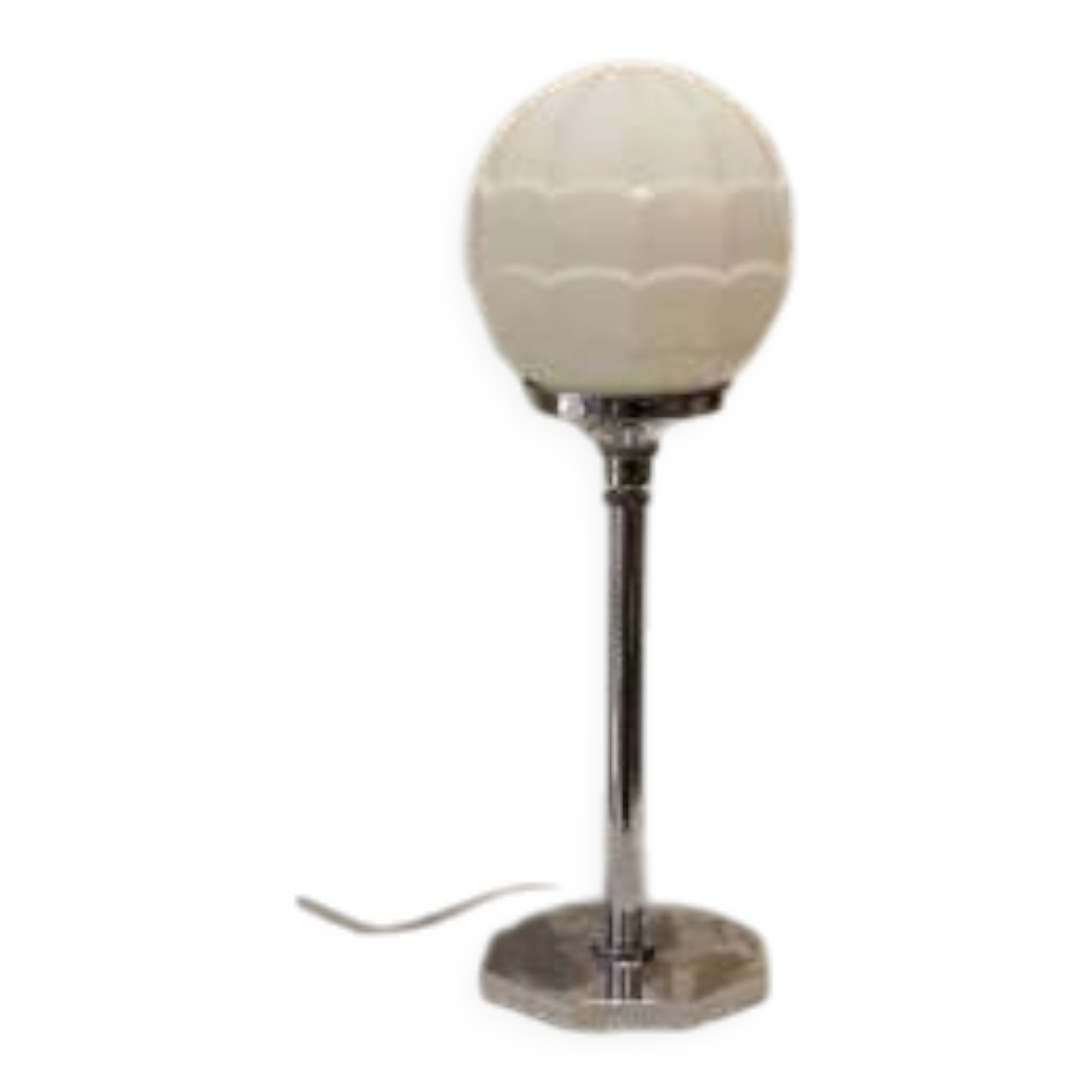Chrome metal lamp with glass globe, Art Deco style, 20th century period.