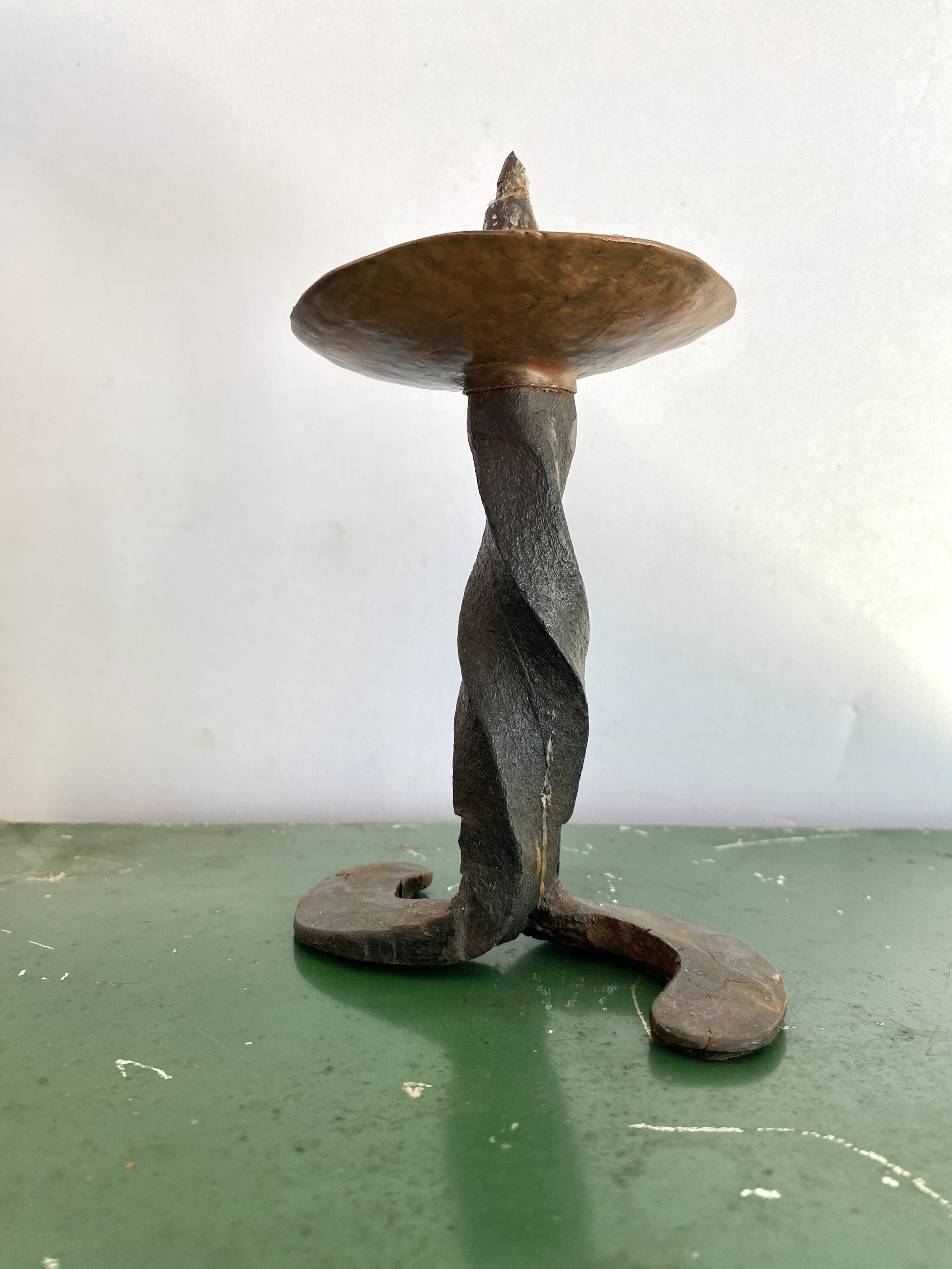 Brutalist wrought iron and brass candle holder