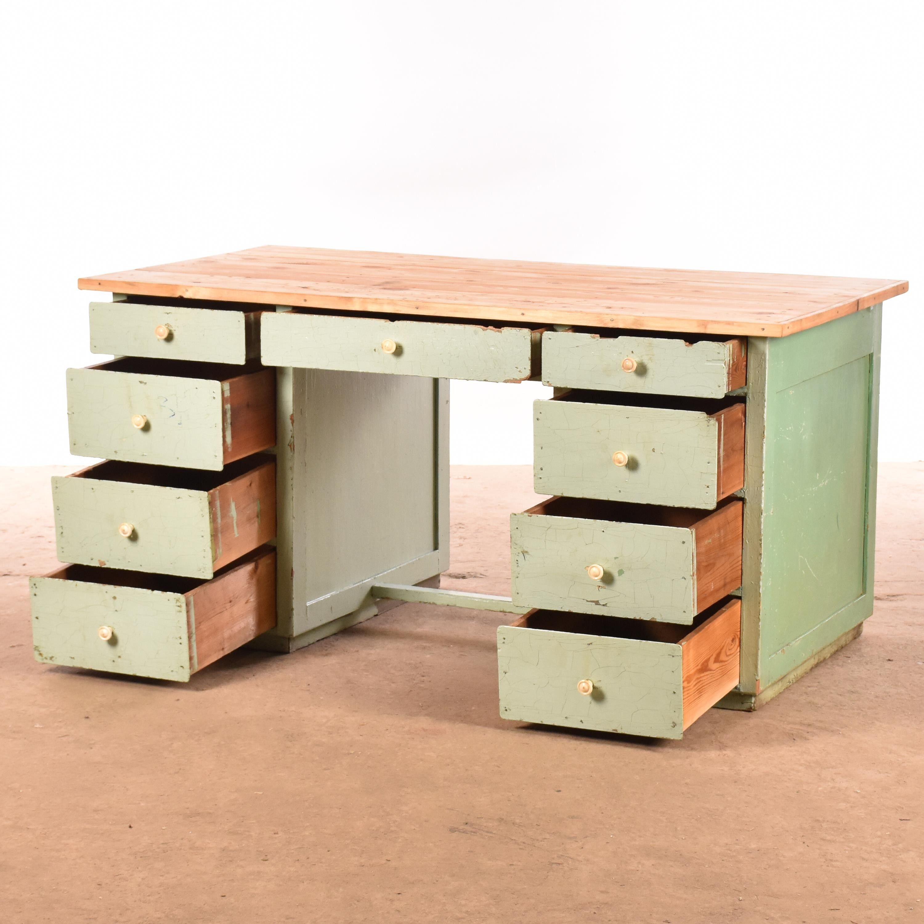 Industrial old desk workbench light green