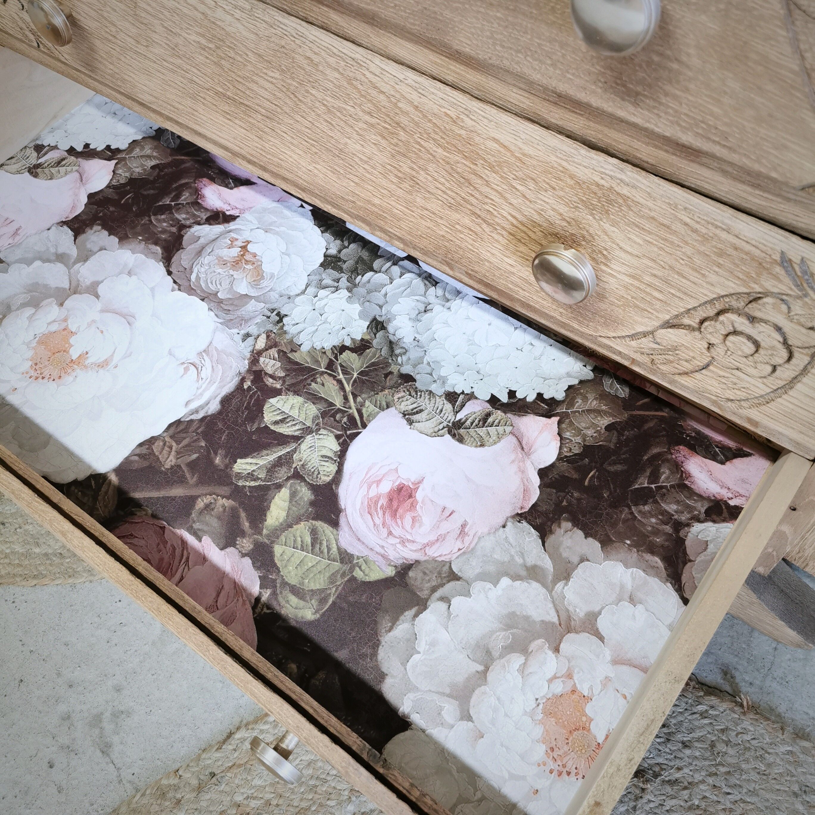 Chest of drawers raw wood foot mustache