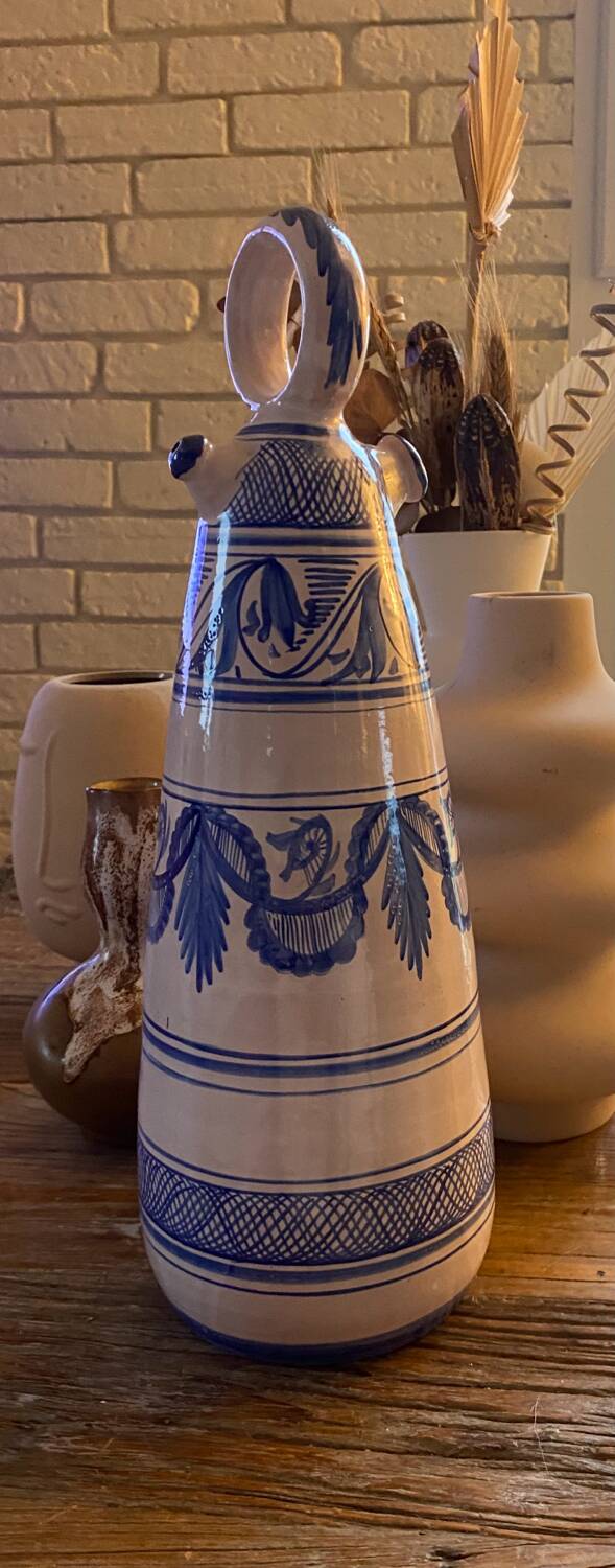 Vintage Spanish Hand Painted Glazed Ceramic Vase / Water Jug