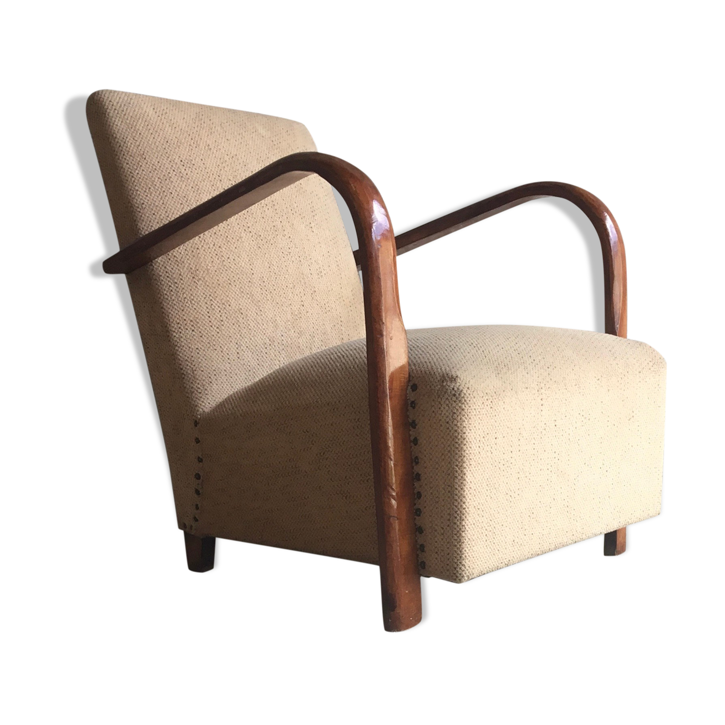 Art Deco armchair - curved wooden armrests - wool coating - mid-twentieth century