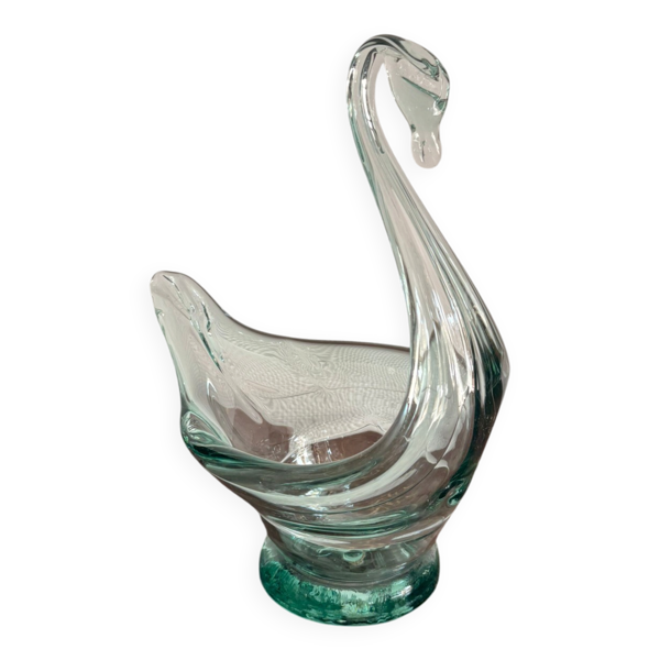 Vase Coupe Verre Vert Cygne Murano 26 cm Style Art Déco ou Année 50