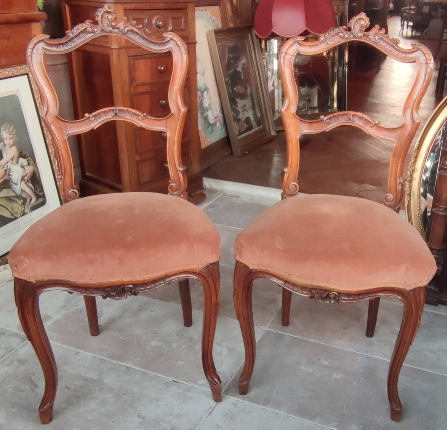 Pair of Old Rockery Chairs with Velvet/Carved Wood Seats