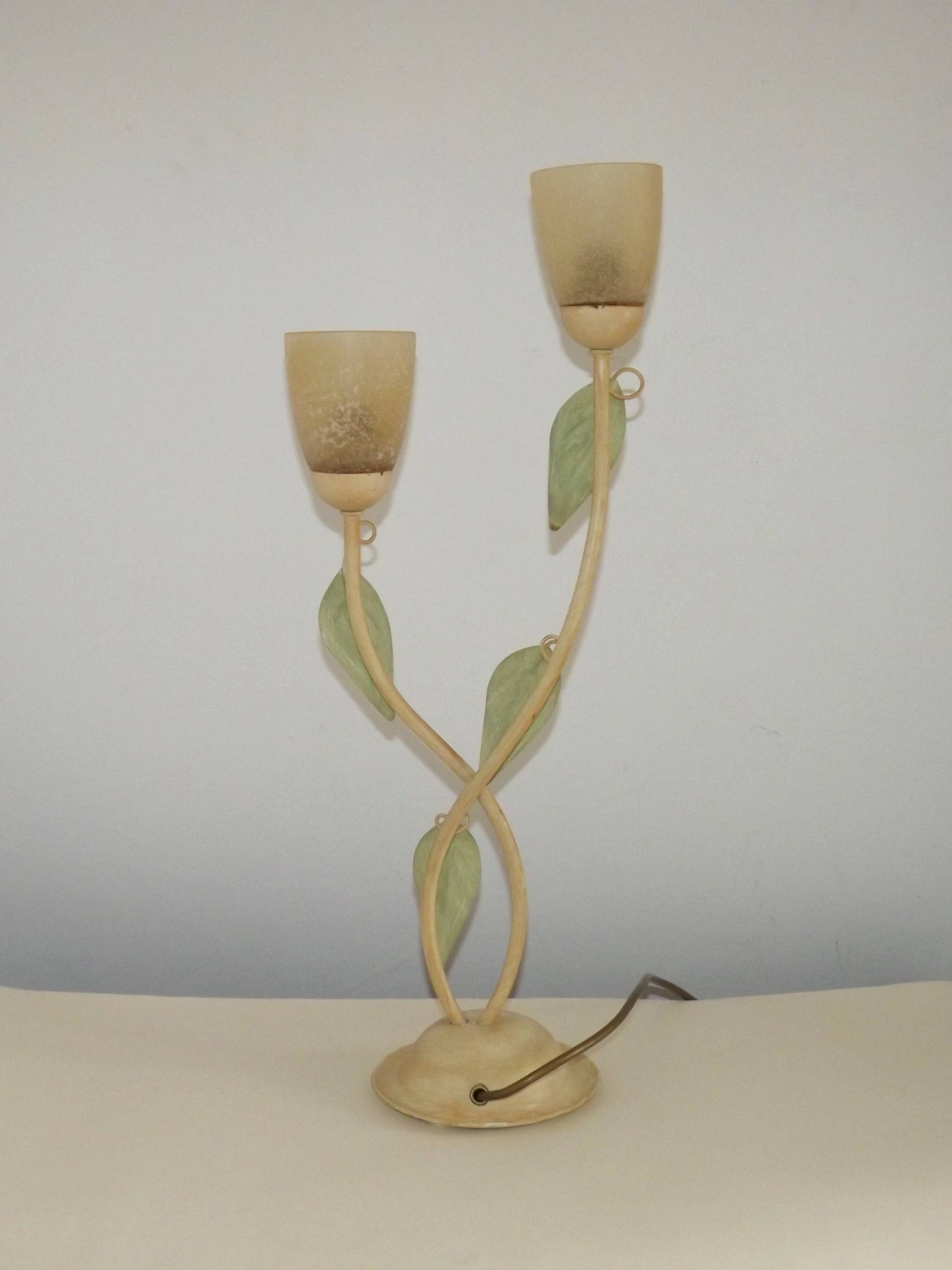 Vintage Italian Double Light Table Lamp Green Leaves Glass Shades