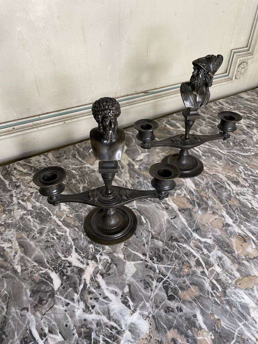 Pair of bronze candlesticks with a black patina in the antique style