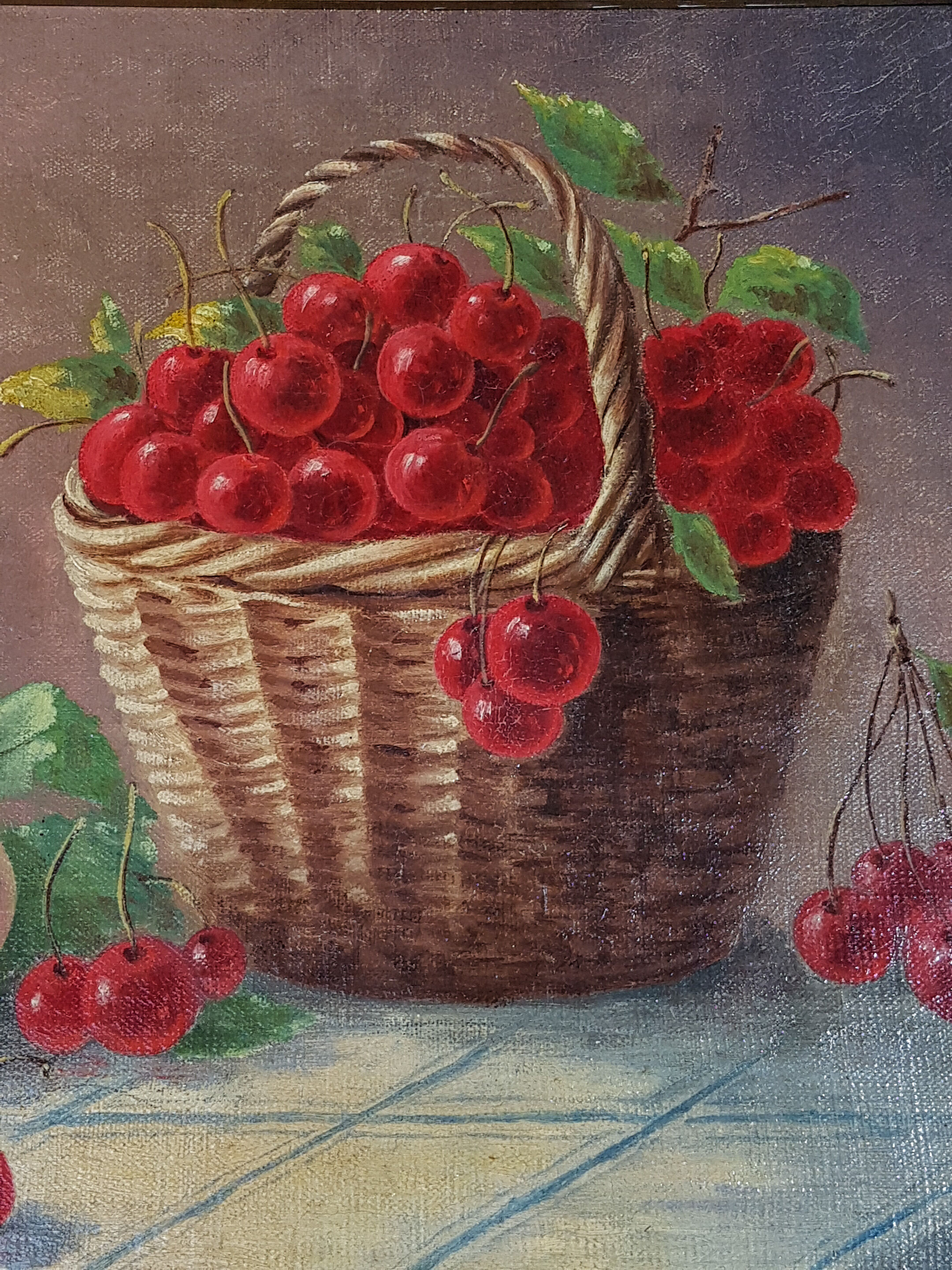 Ancient still life with cherries - peaches Oil on canvas 59x50 cm