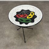 Table d'appoint tripode vintage, tôle émaillée, années 50, bout de canapé