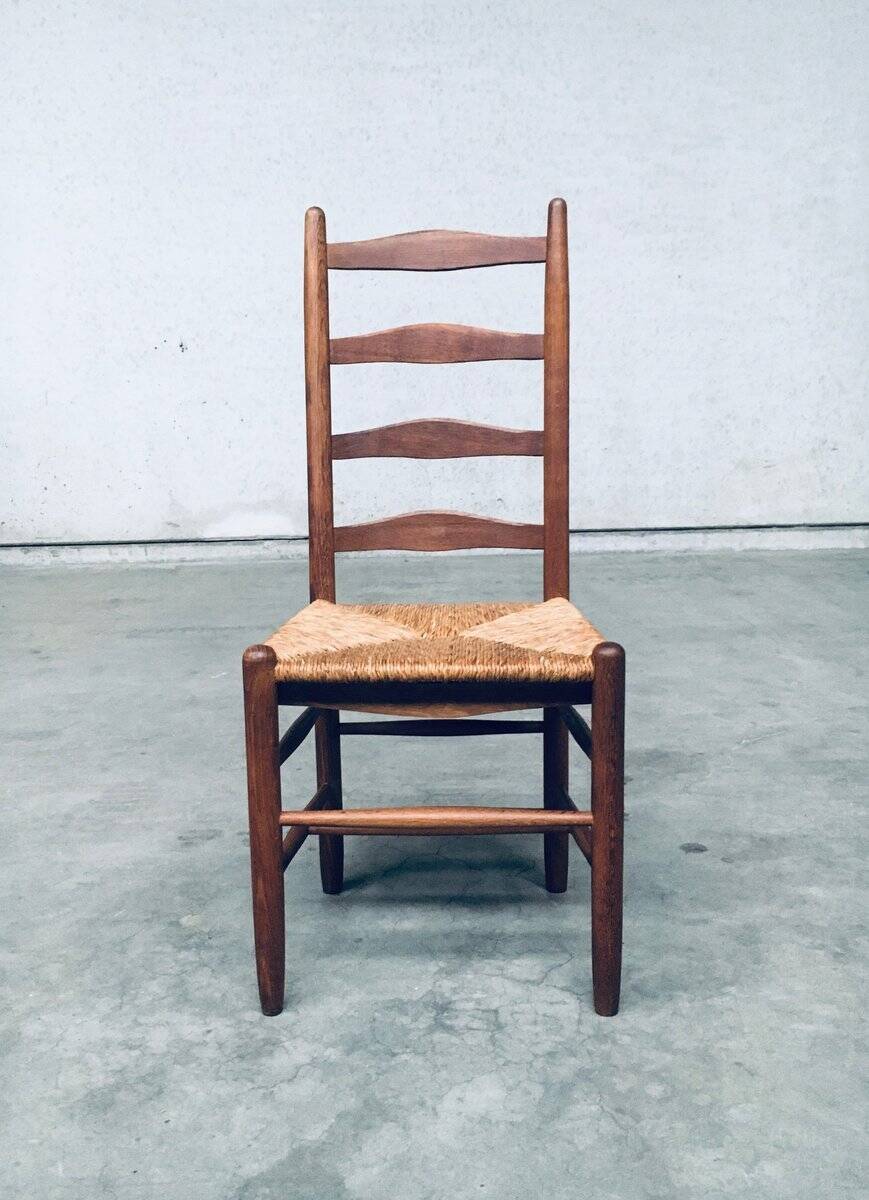 Rustic Handcrafted Oak and Rush High Back Dining Chairs, Belgium, 1940s, Set of 4