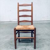 Rustic Handcrafted Oak and Rush High Back Dining Chairs, Belgium, 1940s, Set of 4