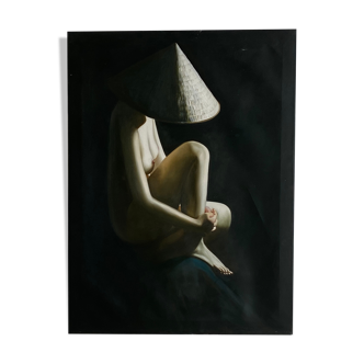Tableau. huile sur toile, femme nu au chapeau 80x60