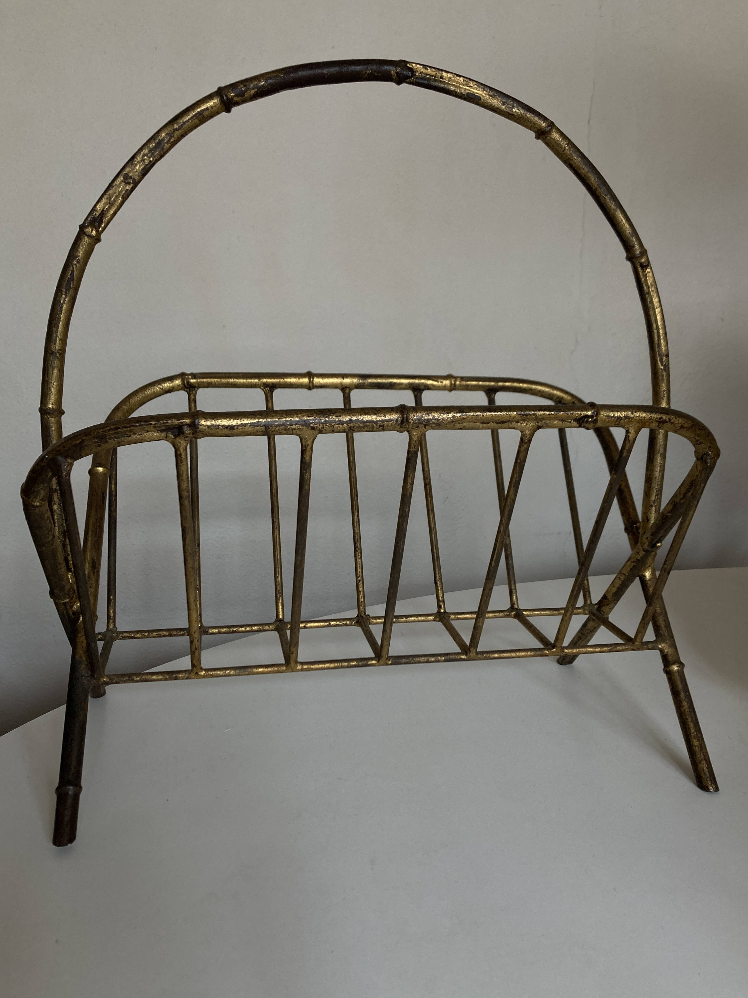 1960 magazine rack faux bamboo in beaten gold iron Italian craftsmanship