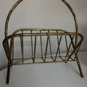 1960 magazine rack faux bamboo in beaten gold iron Italian craftsmanship