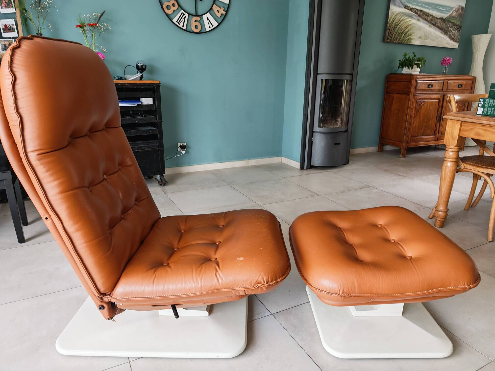Vintage Lounge Chair & Ottoman "Origlia" – Tawny Leather & Pirelli Straps