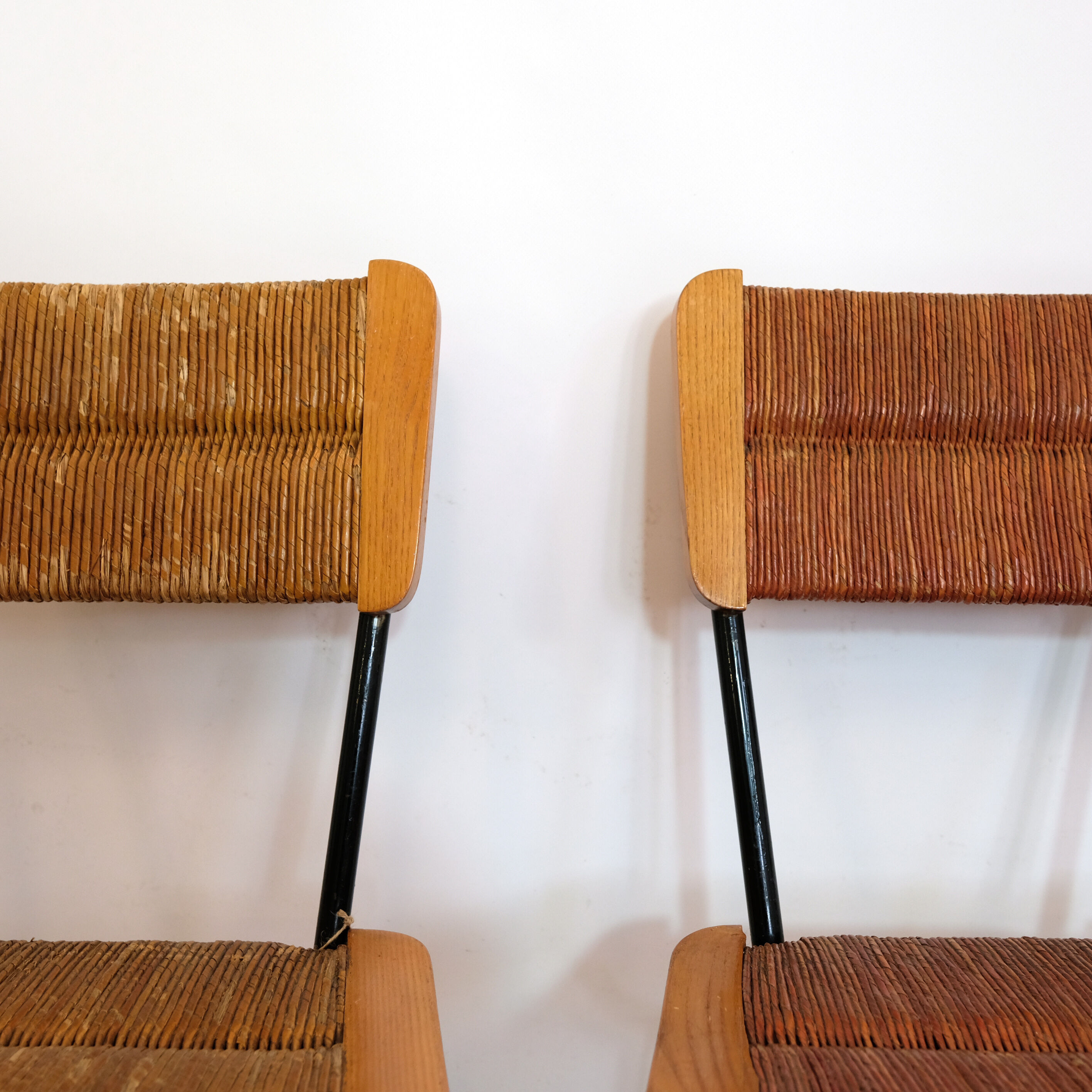 Suite of 6 chairs, wood straw and metal from the 50s