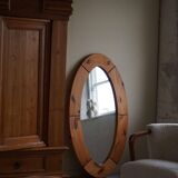 Large oval wall mirror in solid pine by Glasmäster Markaryd, Sweden, 1960s.