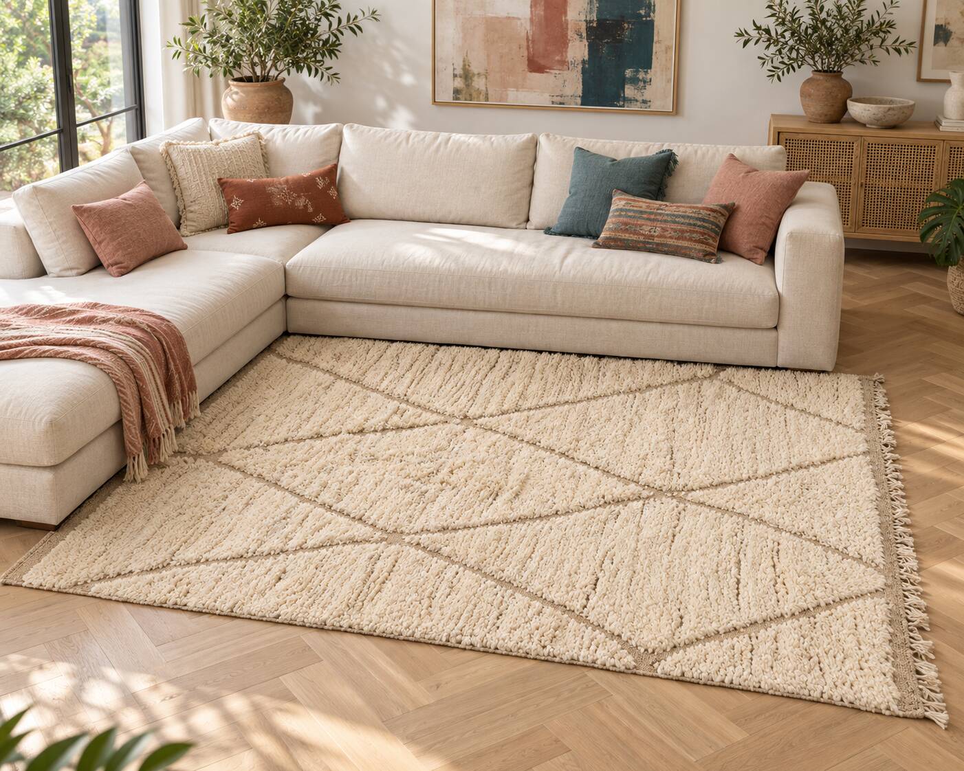 Handmade Moroccan Berber rug, cream and beige with diamonds 150x263cm