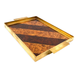 Brass and inlaid woods tray, italy 1970s